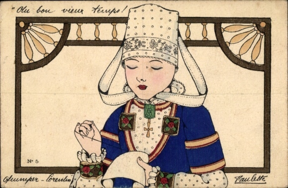 Postcard Girl in Breton Costume Embroidering