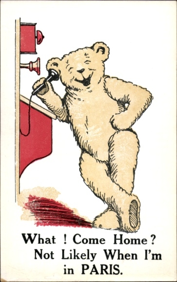 Postcard Teddy talking on the phone, telephone