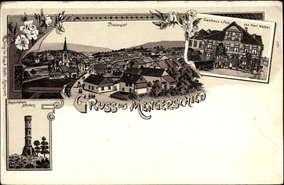 Chromo-Litho Mengerschied in the Hunsrück, total view, Gasthaus zur Post, Attenburg observation tower