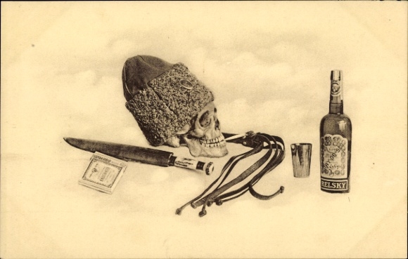Postcard Vanitas, skull with cap, dagger, alcohol, bottle, death
