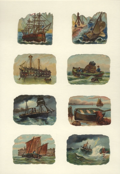8 żaglowców waflowych, łodzi drewnianych, parowców, łodzi rybackich, każdy o wymiarach ok. 5 x 7 cm