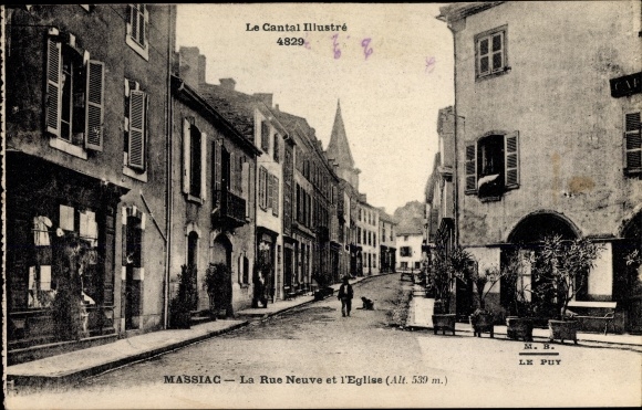 Postcard Massiac Cantal, La Rue Neuve and the Church