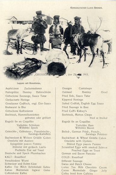 Menu card, steamer Großer Kurfürst, July 25, 1911, menu, rags, reindeer