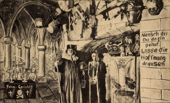 Postcard Dresden Altstadt, Catacombs Greetings from the "Farmer's Tavern", Skeletons Skull, Josephus Linke
