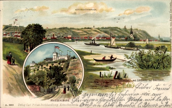 Litho Kötzschenbroda Radebeul Sachsen, Die Lössnitz, Friedensburg