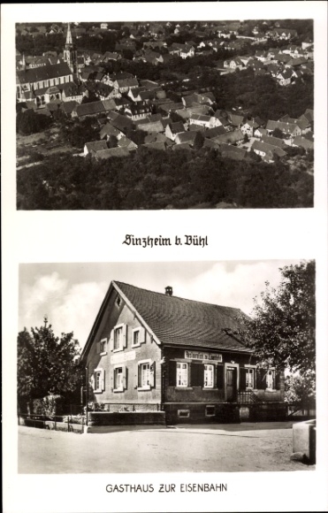 Postcard Sinzheim in Baden, aerial view of Sinzheim, Gasthaus zur Eisenbahn