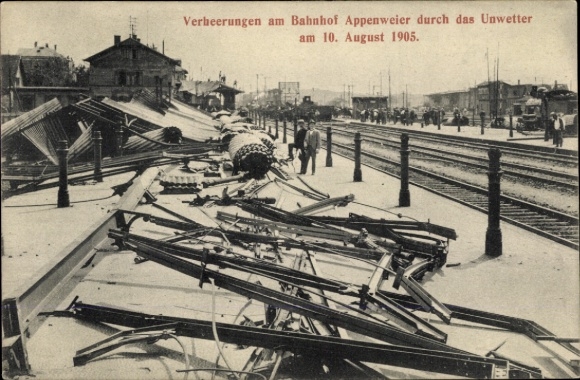 Postcard Appenweier in Baden Schwarzwald, devastation, train station, storm 1905