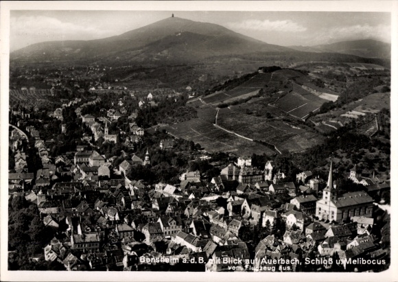 Postcard Auerbach Bensheim on the Bergstrasse Hesse, view of Auerbach, Melibocus Castle, aerial photograph