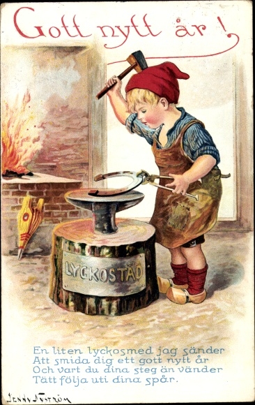 Artist PC Nyström, J., Happy New Year, child as blacksmith, horseshoe, oven, tongs, anvil