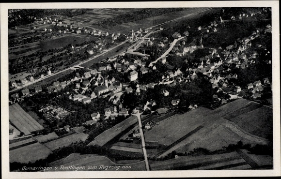 Postcard Gomaringen Baden Württemberg, aerial view of Gomaringen, houses, fields, clouds