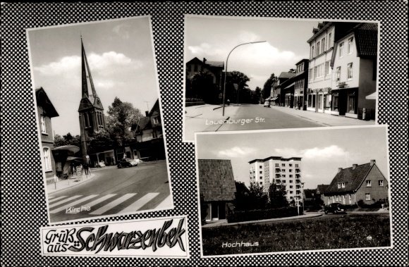 Postcard Schwarzenbek in Lauenburg, Lauenburger Straße, skyscraper, church