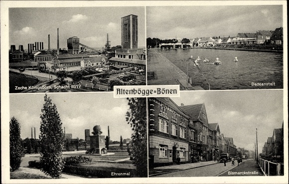 Postcard Altenbögge Bönen NRW, Koenigsborn colliery, shaft III/IV, bathing establishment, memorial, Bismarckstraße
