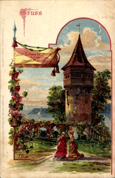 Ak Insel Mainau im Bodensee, Gruss, Schwedenturn, Insel  malerische Ansicht, zwei Frauen in tradi