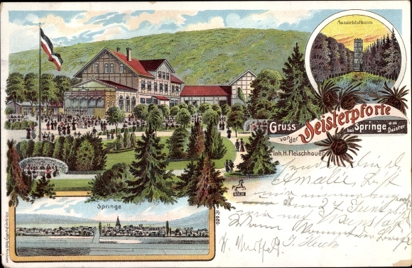 Chromo-Litho Springe am Deister, Deister gate, panorama, observation tower