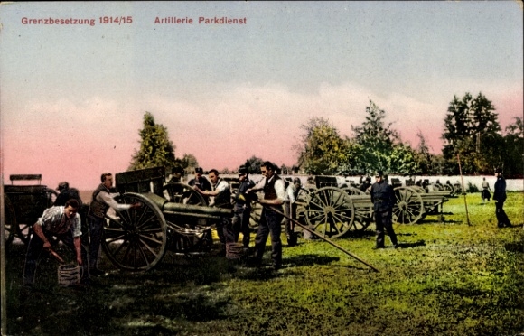 Postcard border occupation 1914/15, Swiss military, artillery park service, maintaining the guns, I. WK