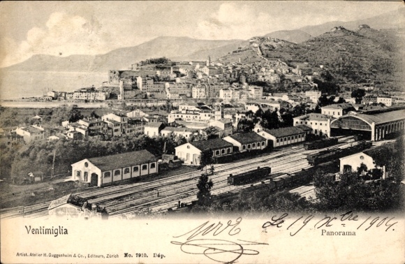Postcard Ventimiglia Liguria, general view, train station, aerial photo