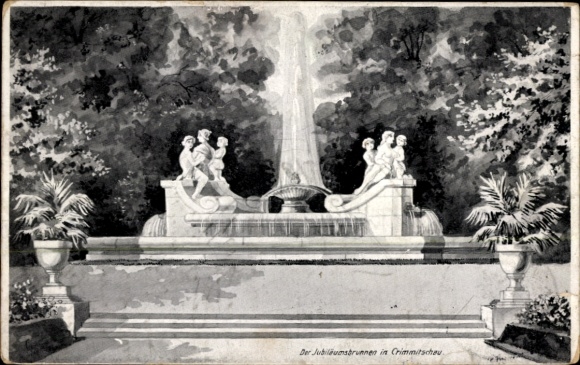 Künstler Ak Crimmitschau in Sachsen, Der Jubiläumsbrunnen, Gartenanlagen