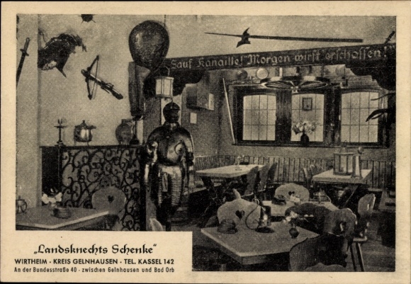 Postcard Wirtheim Biebergemünd Hessen, Landsknechtsschenke, interior view, knight's armor, halberd
