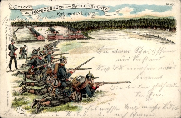 Chromo-Litho Königsbrück in Upper Lusatia, shooting range, German soldiers in uniforms