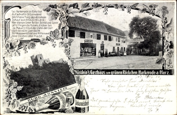 Ak Harkerode Arnstein in de zuidelijke Harz, Kasteel Arnstein, Herberg Nüsslein aan de Groene Rok