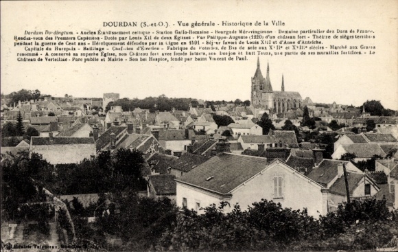 Ak Dourdan Essonne, Vansicht von   Stadtansicht, Kirche, Schloss, Sehenswürdigkeiten
