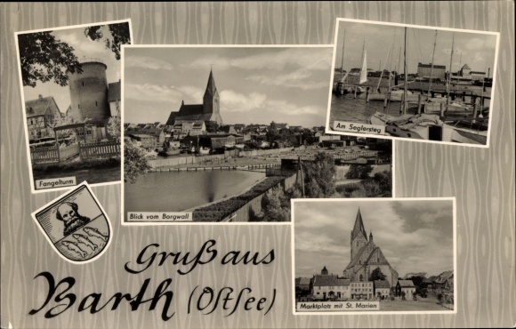 Postcard Barth on the Baltic Sea, Fangelturm, Seglersteg, market square, St. Marien, Borgwall, coat of arms
