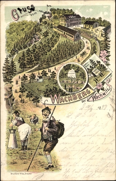 Chromo-Litho Dresden Northeast Wachwitz, Wachberg, hikers, monument