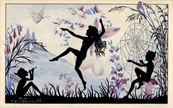 Paper cutting artist Postcard Cramer, R., fairies, butterfly, spider web