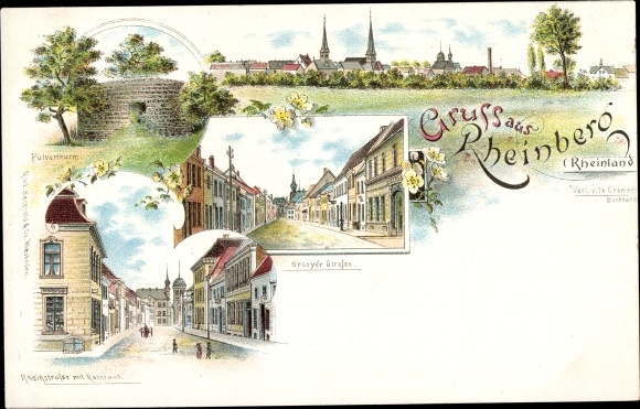 Litho Rheinberg am Niederrhein, Rheinstraße mit Rathaus, Pulverturm, Totalansicht