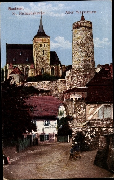 Postcard Bautzen in Lusatia, St. Michaeliskirche, old water tower, pub