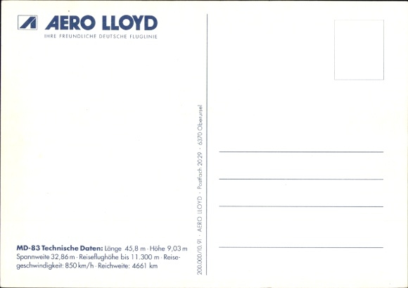 Postcard German passenger aircraft, Aero Lloyd, McDonnell Douglas MD 83