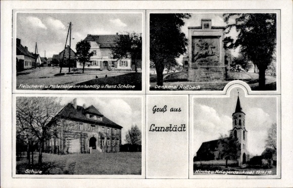 Ak Lunstädt Braunsbedra in Saalekreis, slagerij en bouwmarkt Schöne, monument, school