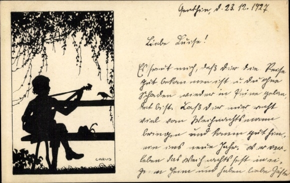Schrenschnitt artist Postcard Carus, man playing ukulele