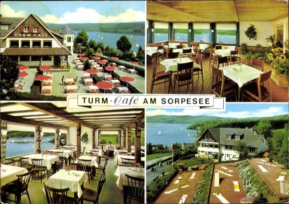 Postcard Sundern in the Hochsauerland district, Turm Café at the Sorpesee, exterior and interior view, mini golf course
