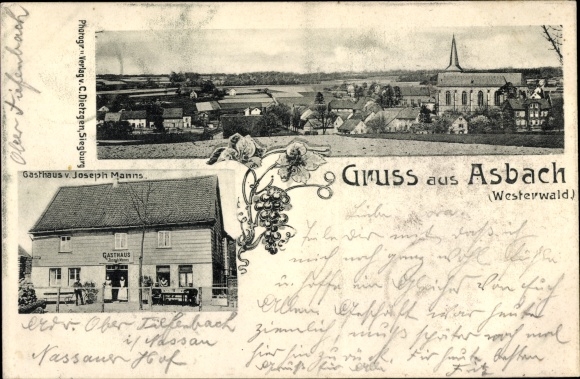 PC Asbach im Westerwald, general view, church, inn v. Joseph Manns