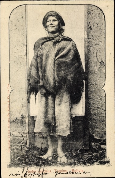 Ansichtkaart Bolivia, vrouw in klederdracht, Zuid-Amerikaanse folktypes