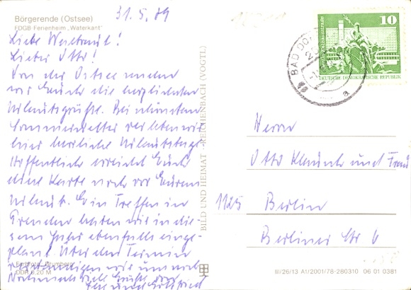 Postcard Börgerende Rethwisch on the Baltic Sea, terrace with red chairs, tables, and flowerbeds, i...