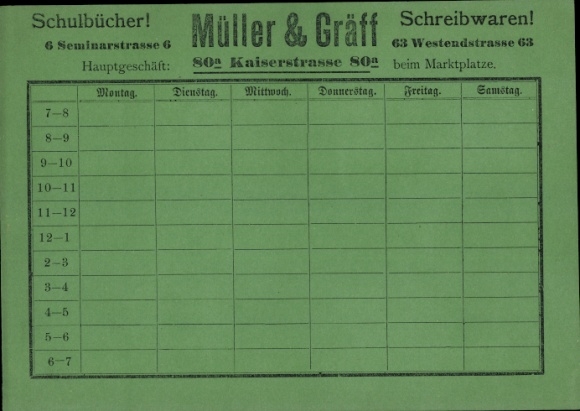Timetable Müller &amp; Gräff school books stationery, Kaiserstraße 80a, Karlsruhe around 1950