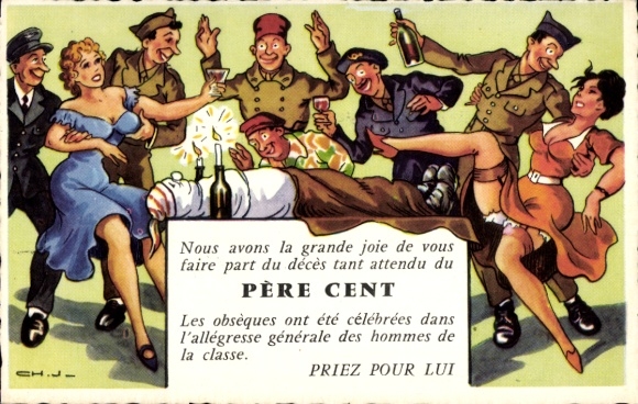Artist Postcard Père Cent, French soldiers dancing with women