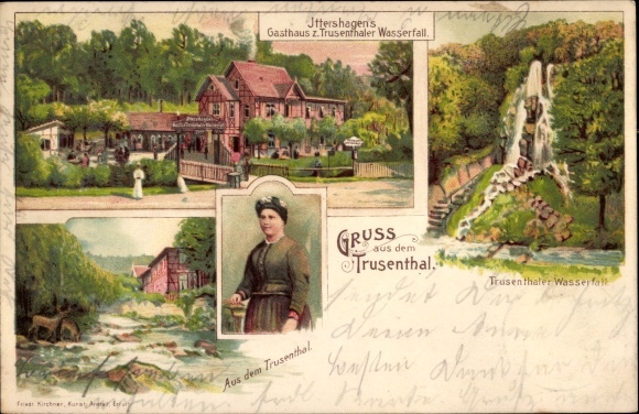 Litho Brotterode Trusetal in Thüringen, Ittershagens Gasthaus zum Trusetaler Wasserfall, Tracht