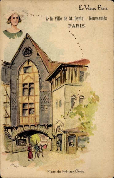 Artist Chromo-Litho Robida, Albert, Paris, Chocolat Guerin Boutron, advertising, Cour du Pre aux Clercs