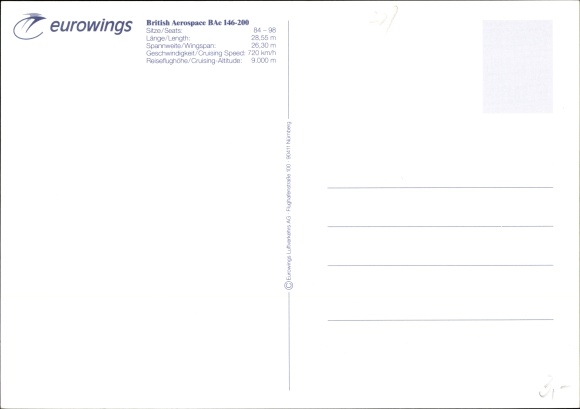 Postcard passenger aircraft Eurowings, British Aerospace BAe 146 200, D ACFA