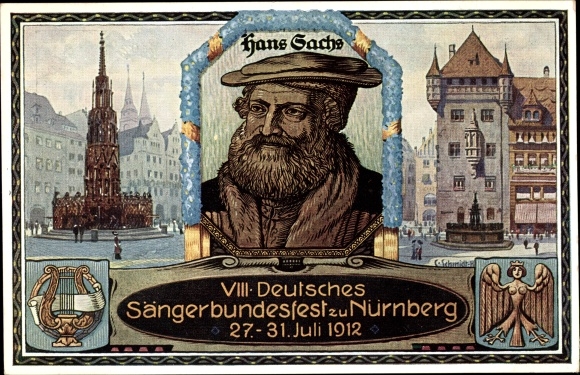 Postal stationery artist PC Schmidt, C., Nuremberg, 8th German National Singers Festival 1912, portrait of Hans Sachs