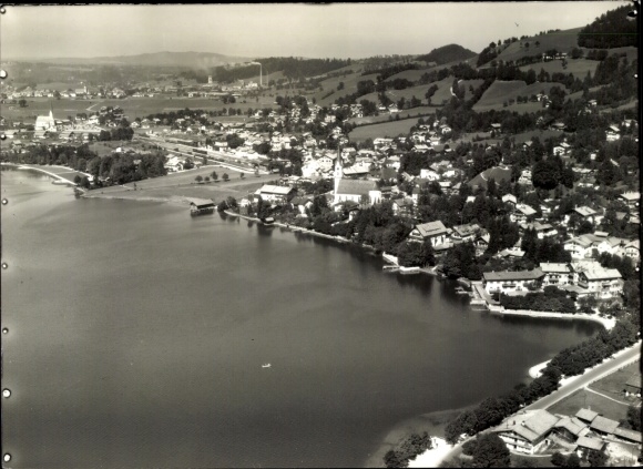 Postcard Schliersee in Upper Bavaria, view of the Schliersee with the village of Schliersee and surrounding...