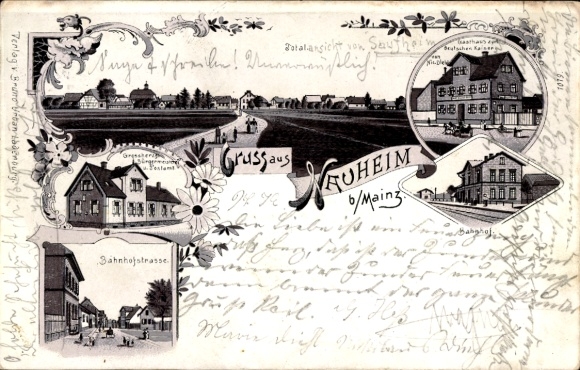 Litho Nauheim Hessen, Bürgermeisterei, Postamt, Bahnhofstr., Bahnhof, Gasthaus zum deutschen Kaiser