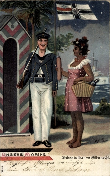 Kunstenaar litho Eckenbrecher, keizerlijke marine, ik sta in het donker middernacht, zeeman, vrouw