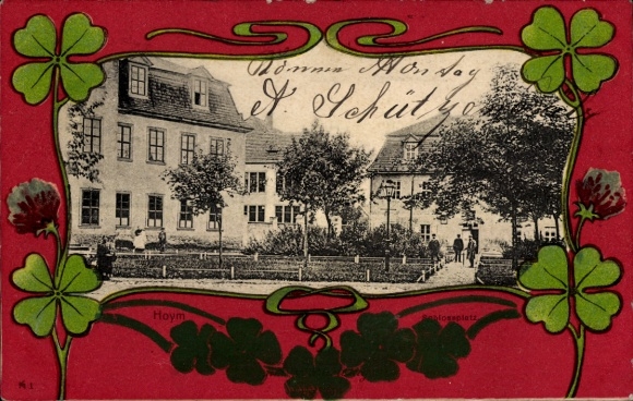 Ak Hoym in Anhalt, historische gebouwen, park met bomen, n-illustratie, gekleurde rand