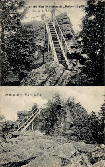 Postcard Fuchsmühl in the Steinwald Upper Palatinate, rock formations, Katzentrögel, Saubadfelsen, stairs, nature