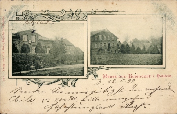 Postcard Bujendorf Süsel in Holstein, partial views, post office building, woman with yoke