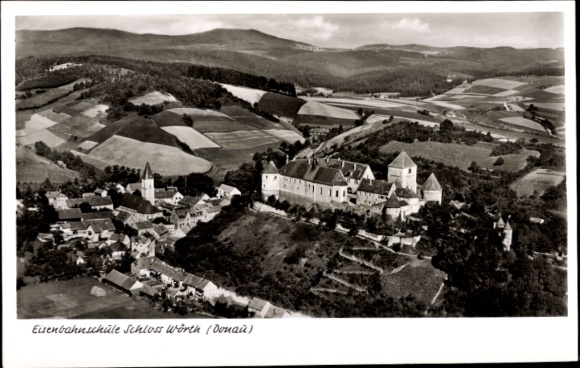 Ak Wörth an der Donau Oberpfalz Bayern, Fliegeraufnahme, Eisenbahnschule Schloss Wörth